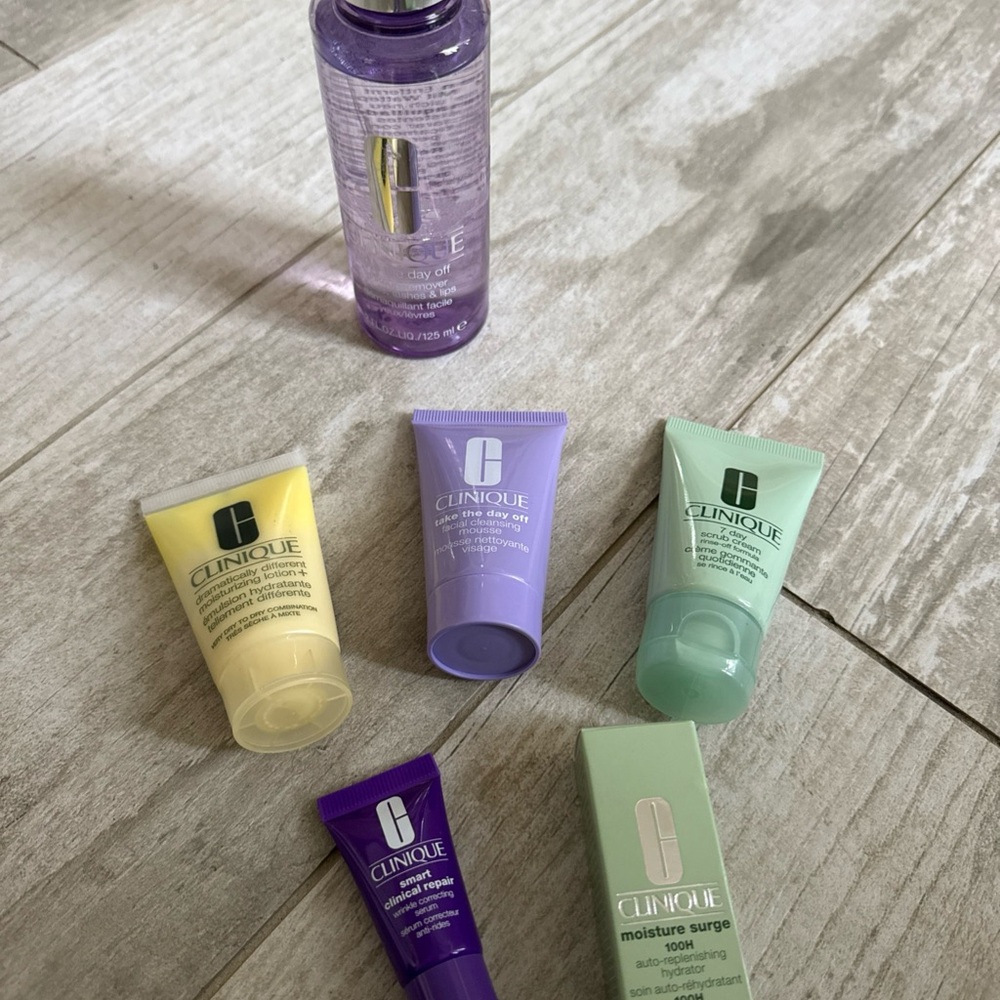 Clinique Skincare Collection with Purple, Yellow, and Green